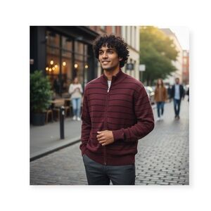 new YSL Yves Saint Laurent ⊛ Zip Front Cardigan Wool Sweater ⊛ Burgundy Stripe ⍟